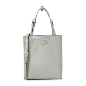 Prada Triangle Logo Bucket Bag is a gray leather